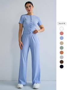 Two-Piece Set Women's Solid Button Up Short Sleeve Top & Wide Leg Pants, Casual Round Neck Top & Trousers for Daily Wear, Ladies Two-piece Outfits for Summer, Casual Lounge Set, Clothes