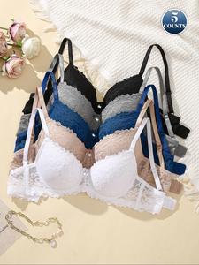 Women's Floral Lace Bow Decor Underwire Bra, Comfortable Breathable Adjustable Straps Push Up Padded Bra for Lady, Women's Basic Lingerie for Daily Wear, Minimalist Breathable Bra, Underwear, Padded Everyday Bras