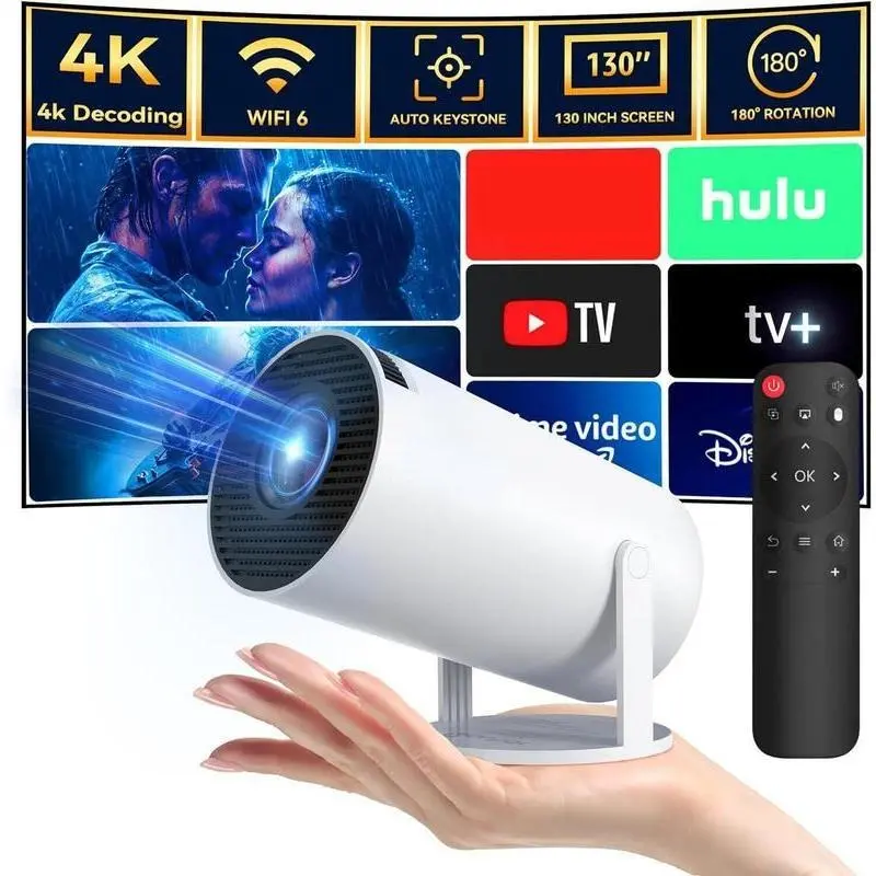 Portable Projector, Auto Keystone Correction Mini Projector, 4K/ 200 ANSI Smart Projector with 2.4/5G WiFi, BT 5.0, 130 Inch Screen, 180 Degree Flip, Round Design, Home Video Projector