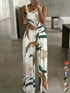 Women's Floral Print Ring Linked Asymmetrical Neck Plicated Jumpsuit, Boho Casual High Waist Wide Leg Jumpsuit for Summer