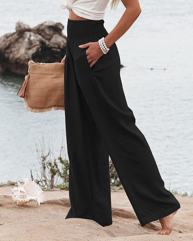 Product Introduction of Women's Plain Pocket Shirred Wide Leg Pants, Casual Elastic Waist Trousers for Beach Vacation Holiday, Ladies Bottoms for All Seasons 8