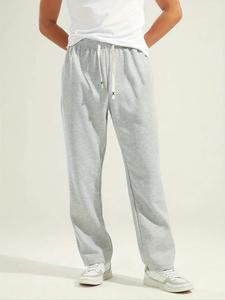 Men's Solid Pocket Drawstring Waist Pants, Casual Comfy Loose Elastic Waist Trousers for Daily Wear, Knitting Bottoms for All Seasons