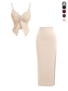 Two-Piece Set Women's Solid Twist Front Crop Top & Skirt, Casual Fashion Cozy for Daily Outdoor Wear, Ladies Clothes for Summer, Polish, Womenswear