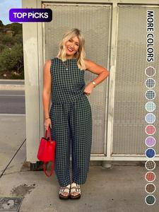 Women's Plaid Print Tank Top & Pocket  Pants Two-piece Set, Casual Sleeveless Top & Pants for Summer, Ladies Clothes for Daily Wear