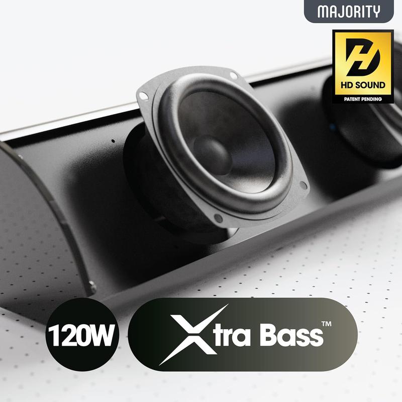 MAJORITY Bluetooth Sound Bar for TV |   Built-in Subwoofer |   120 Watts 2.1 Channel Sound |   RCA, Optical, and AUX Connection |   Wall Mountable |   Remote Control included Snowdon TV Soundbar 2