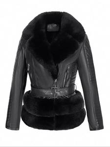 Women's Fall Winter PU Jacket, Vintage Style Fitted Long Sleeve Coat, Warm Daily Wear with Adjustable Waist Belt, Casual Plain Design