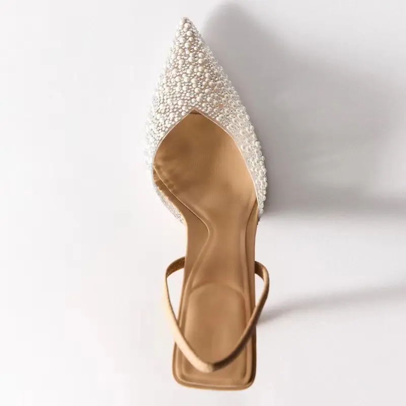 New Summer High Heel Sandals With Pointed Tip Fine Heel Shallow Mouth Rear Hollow Pearl Decoration Strap Back Women's Sandals 2