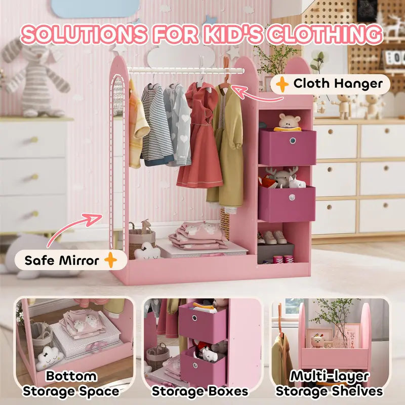 AIYAPLAY Kids Clothes Rail, Dress-Up Stand with Storage Shelf, Boxes & Mirror, Wardrobe for Bedroom, Nursery, Kids Room 3