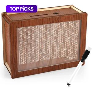 Wooden Cash Box with Wipe Panel & Marker Pen, 1 Count Savings Box with Savings Target, Money Box for Home Office School Dormitory #TOP PICKS