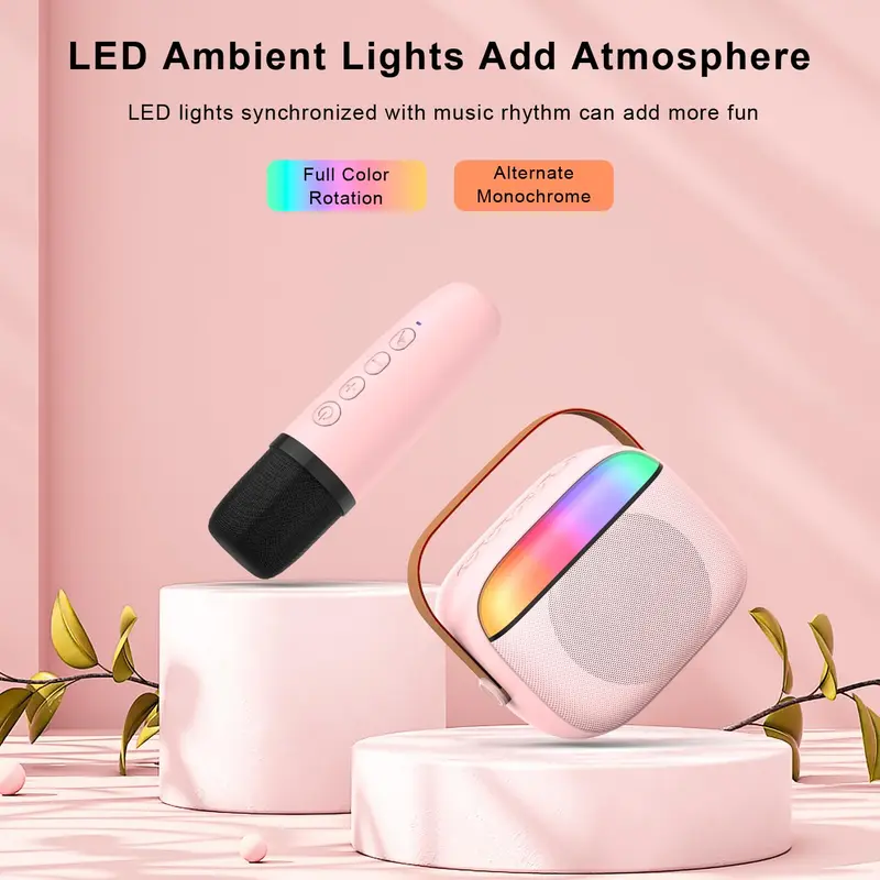 Kids Karaoke Machine,Portable Bluetooth Speaker with 2 Wireless Microphones/LED Light/Voice Changing Effects,Gifts for Age 3-18 Kids Boys Girls Families Birthday Party,Pink 3