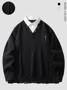 Men's Colorblock Ripped 2 in 1 Button Front Jumper, Casual Drop Shoulder Long Sleeve Collared Sweater for Fall & Winter, Men's Knitwear for Daily Wear, Soft Top Men