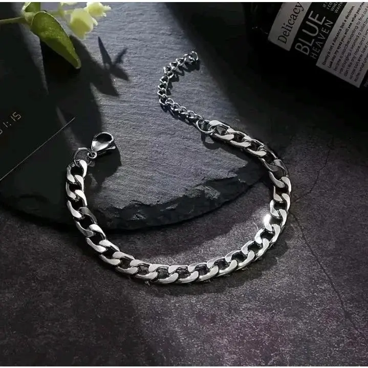 Men’s Silver Stainless Steel Curb Chain Bracelet – 18cm + 5cm Extension 1