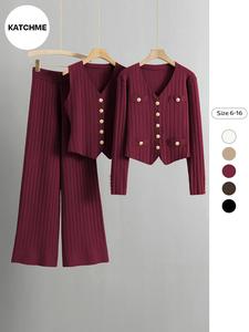 Lady Elegant Knit V-Neck Gold-Toned Button Vest & Wide Leg Trousers With Long Sleeve Cardigan Three-Piece Sets, Chic Casual Womenswear