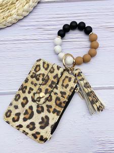 Fashion Leopard & Floral Pattern Beaded Wristlet Keychain, Boho Style Tassel Decorated Wallet Keychain for Women & Girls, Casual Trendy Accessories for Daily Use, Keychain Bag Pendant