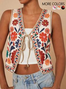 Women's Floral Print Tie Front Crop Tank Top, Boho Sleeveless Top for Summer, Ladies Clothes for Beach Vacation, Boho Bohemian Sleeveless