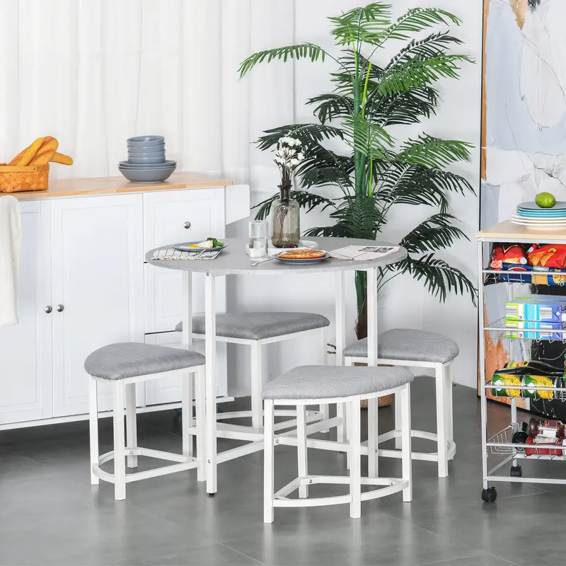 HOMCOM Modern Round Dining Table Set with 4 Upholstered Stools for Dining Room, Kitchen, Grey 1