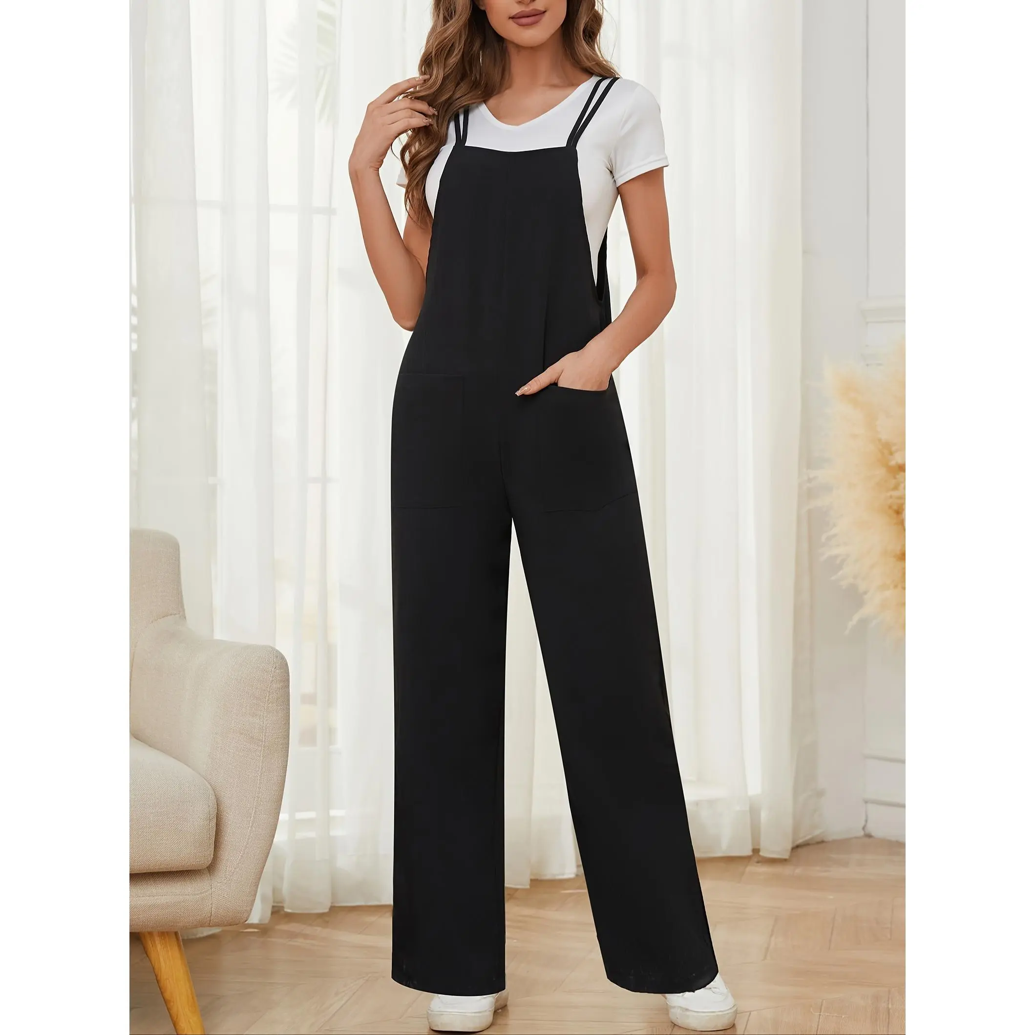 Solid Dual Pocket Cami Overalls, Casual Double Strap Sleeveless Wide Leg Jumpsuit, Women's Clothing Womenswear Basic Minimalist Shortsleeve Comfort