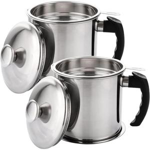 2 Pcs Oil Strainer Pot Grease Can, 1.3L Stainless Steel Oil Container with Strainer, Bacon Grease Container with Lid and Non-Slip Plate for Storing Frying Oil and Cooking Grease Dispensers Kitchen Utensils Handles