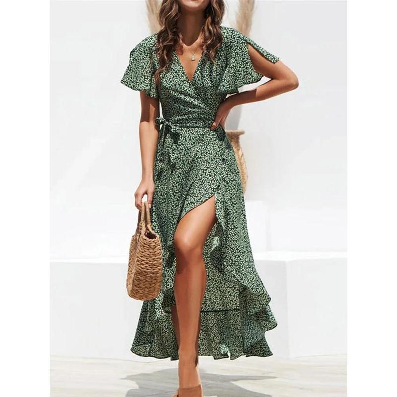 Summer Beach Maxi Dress Women Floral Print Boho Long Chiffon Dress Ruffles Wrap Casual V-Neck Split Sexy Party Dress Robe Femme 7