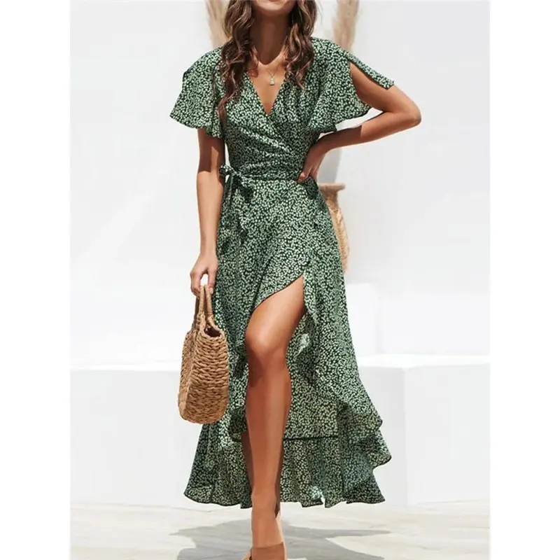 Summer Beach Maxi Dress Women Floral Print Boho Long Chiffon Dress Ruffles Wrap Casual V-Neck Split Sexy Party Dress Robe Femme 7