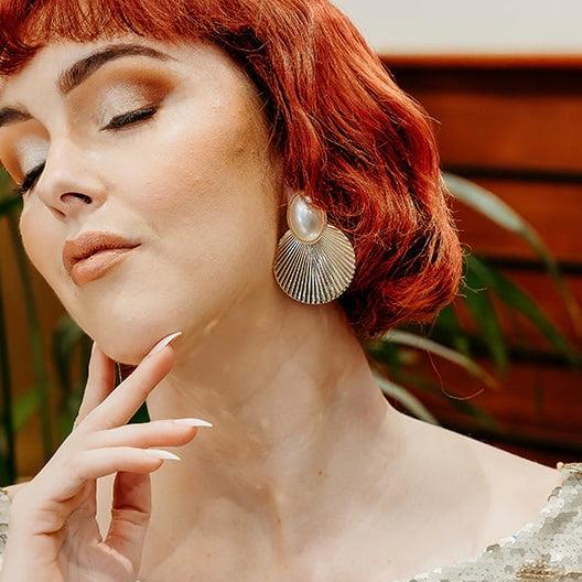 Gold Disc Fan and Pearl Earrings 8