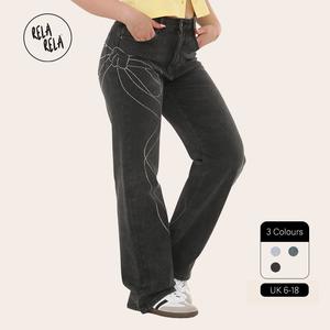 RELA RELA Women's Viral Stretchy Relaxed Mid-Waist Rhinestone Bow Detail Jeans UK 6-18 Denim Womenswear