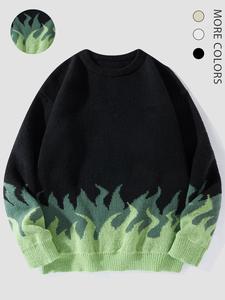 Emo Outfits Unisex Men's Fire Print Drop Shoulder Sweater, Loose Casual Long Sleeve Round Neck Jumper for Fall & Winter