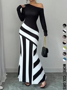 Women's Colorblock Striped Print Asymmetrical Neck Mermaid Dress, Elegant Fashion Long Sleeve Dress for Party Dating Wear, Women Dress for All Seasons