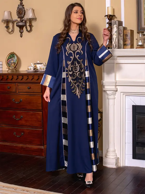 Ramadan-Muslim Elegant V-Neck Embroidered Stripe Kaftan Dress - Modest Long Sleeve Maxi for Women, Polyester, Machine Washable 0
