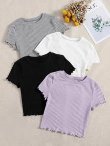 Women's Plain Lettuce Trim Round Neck Tee, Casual Short Sleeve Crew Neck T-shirt for Summer, Fashion Women's Top for Daily Wear