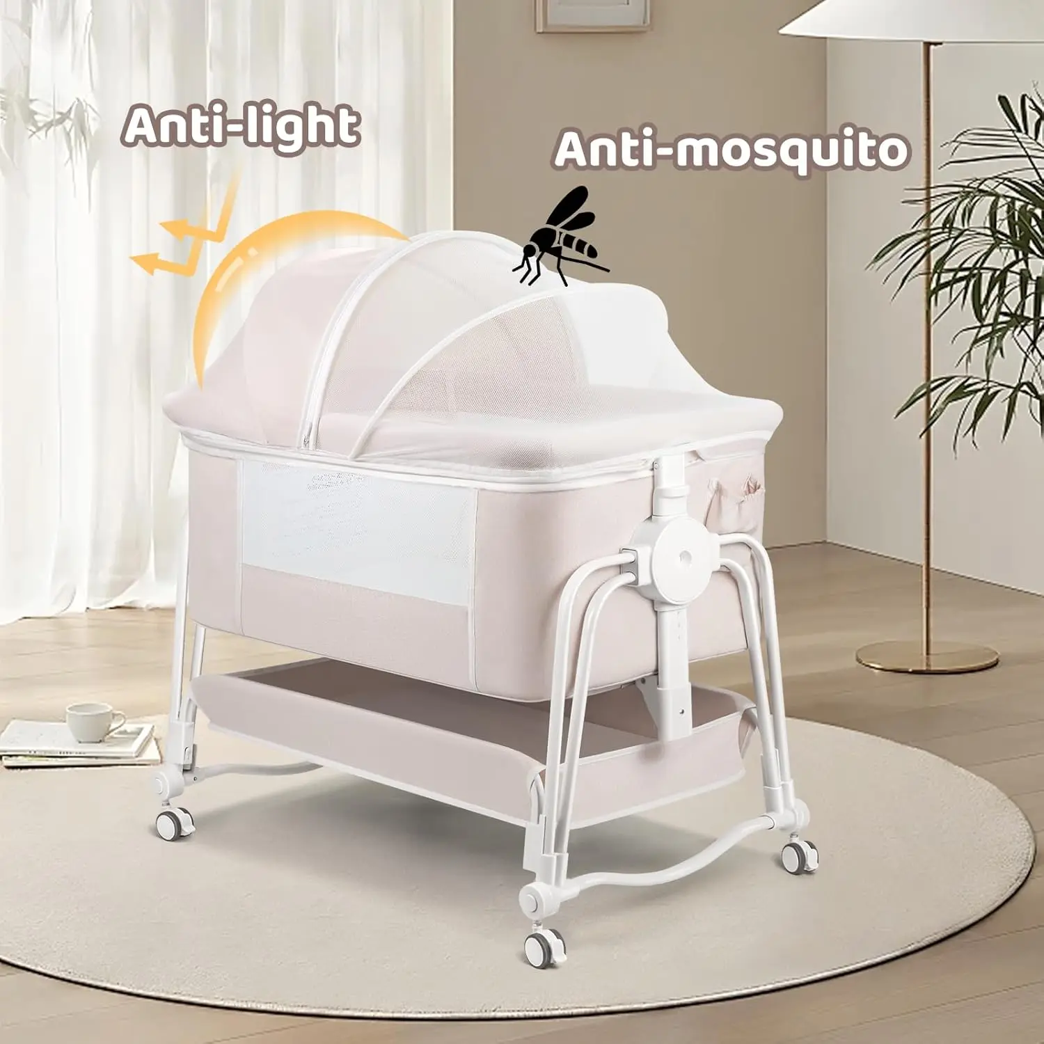 4 In 1 Baby Crib, Baby Next to Me Crib, 7 Level Adjustable Bedside Crib, Portable Bed for Baby with Wheels, Storage, Mosquito Net and matress Included, Baby Cribs for Newborn Infant(Cream)