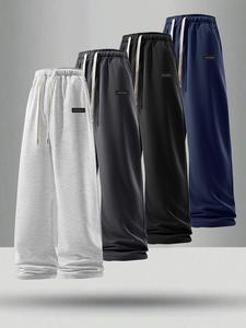 Men's Letter Print Drawstring Waist Sweatpants, Casual Comfy Loose Straight Leg Pants for Summer, Woven Bottoms for Men