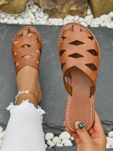 Women's Fashionable Plain Color Hollow Out Design Flat Sandals, Casual Comfortable Breathable Beach Sandals, Summer Barefoot Shoes for Daily Wear, Girl, Lightweight Strappy Sandals