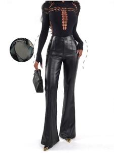 Casual black slim fit autumn and winter leather pants with ample crotch padding
