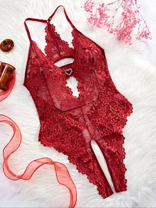 Women's Floral Lace Scallop Trim Cut Out Sheer Crotchless Sexy Costume, Bow Front Rhinestone Heart Decor Sleeveless Fitted Lingerie, Ladies Summer Clothes