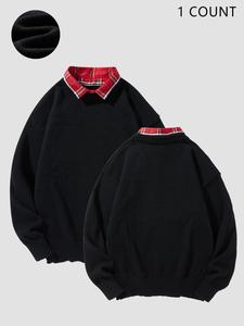 Unisex's Plaid Patchwork Print 2 in 1 Drop Shoulder Sweater, Regular Fit Casual Long Sleeve Collared Jumper for Fall & Winter, Unisex's Clothes for Daily Wear