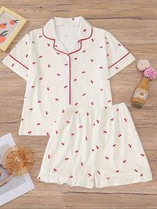 Girl's Cherry Print Top & Shorts Pyjama Two-piece Set, Cute Comfy Short Sleeve Top & Shorts Set, Kids Sleepwear for All Seasons, Pajamas