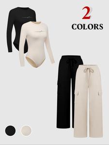 Women's Solid Long Sleeve Bodysuit & Drawstring Waist Pants Set, Casual Round Neck Bodysuit & Trousers, Women's Clothing for Daily Wear, Womenswear, Fall outfit