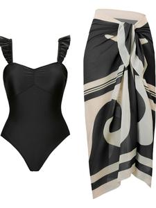 Women's Ruffle Trim Ruched Design One-piece Swimsuit & Knot Front Summer Swimming Cover Up Skirt Set, Casual Removable Padded Swimwear Outfits for Beach Holiday Vacation, Ladies Swimsuit for All Seasons, Swimming, Swim Cover Ups, Swimsuit Coverup