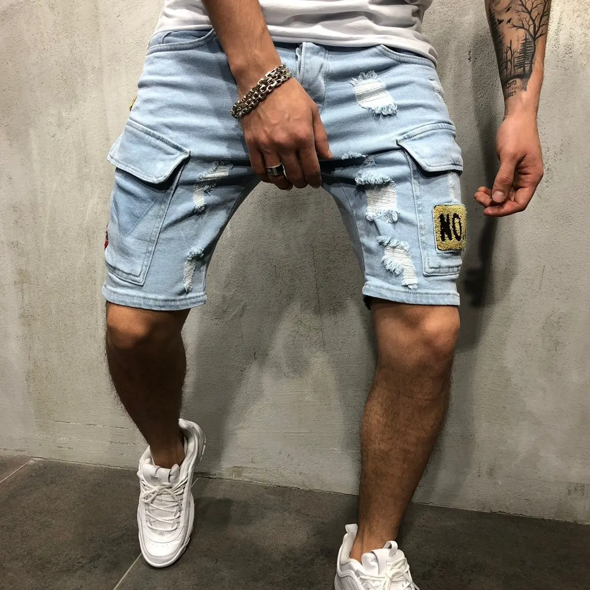Summer New Men's Stretch Straight Short Jeans Fashion Casual Slim Fit High Quality Elastic Badge Pockets Hole Denim Shorts Male