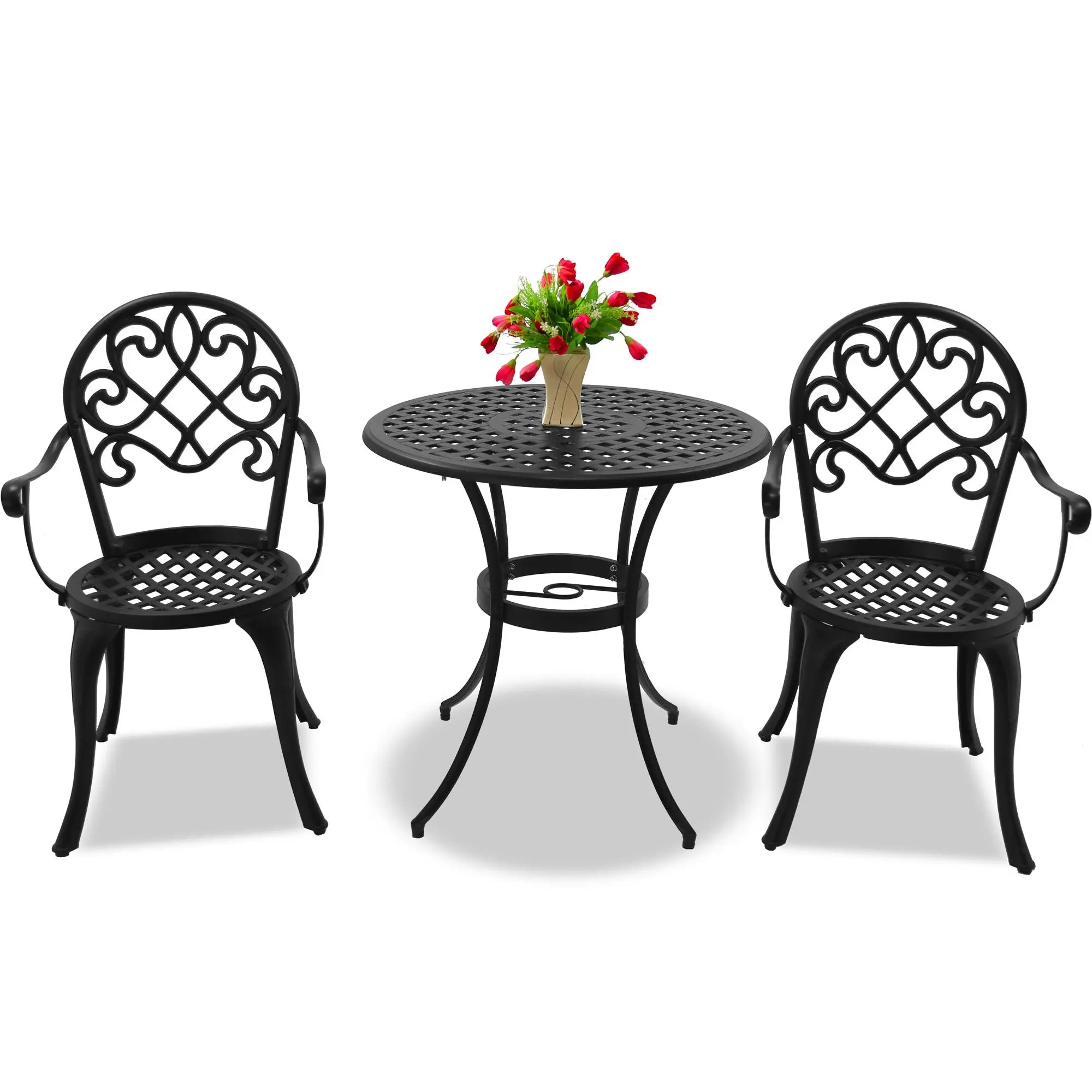 Centurion Supports PREGO Quality Garden and Patio Table and 2 Large Chairs with Armrests Cast Aluminium Bistro Set Furniture Outdoor- Black chairs