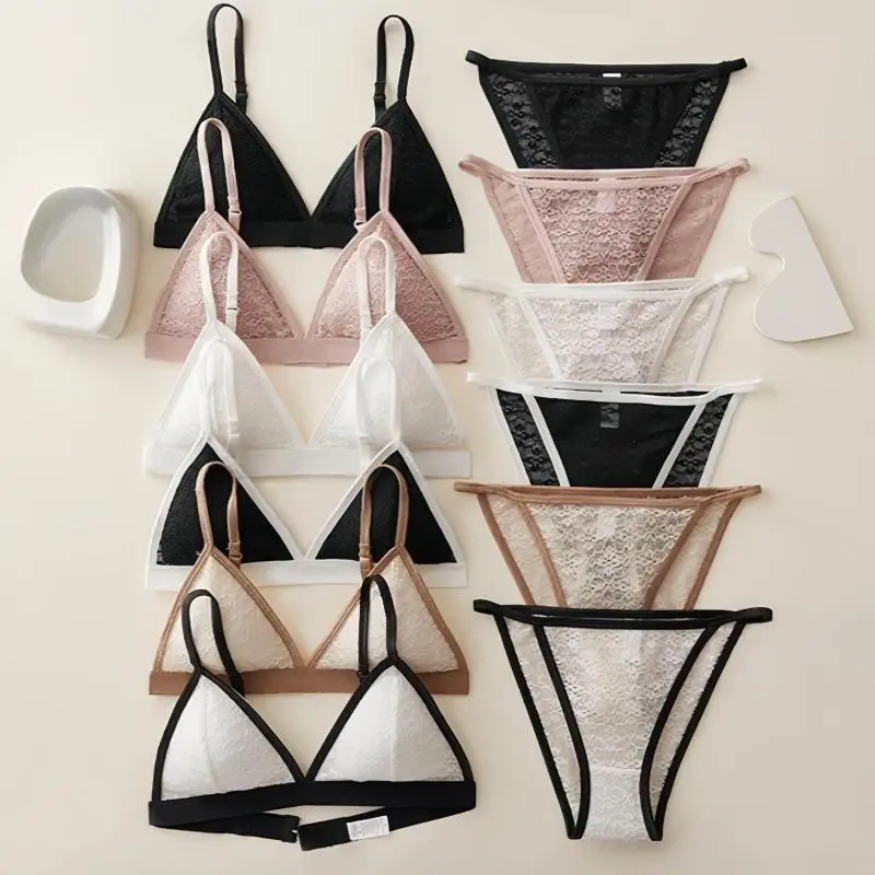 Women Lace Bra And Panties Set Wireless Bralette Low Waist Panties Female Transparent Sexy Lingerie Seamless Underwear Set 1
