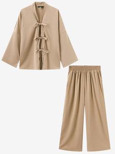 Women's Solid Color Tie Neck Top & Wide Leg Pants Two-piece Set, Casual Drop Shoulder Top & Elastic Waist Trousers 2 Piece Set for Daily Wear, Ladies Two-piece Outfits for All Seasons