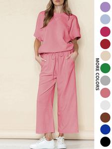 Two-Piece Set Women's Solid Textured Wide Leg Pants Set, Casual Drop Shoulder Tee & Drawstring Waist Pants, Summer Outfits Clothes Set for Ladies Outdoor Holiday