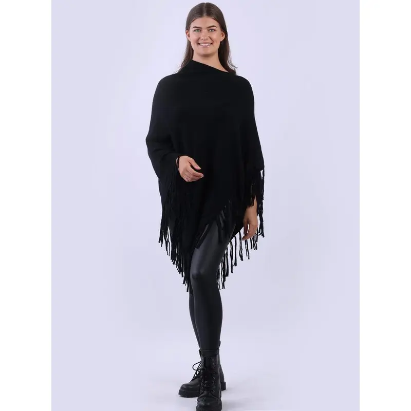 Cozy Cowl Neck Ladies Knitted Fringe Poncho 2