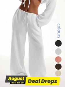 Women's Solid Pocket Pants, Casual Comfy Fit Wide Leg Trousers for Beach Vacation Holiday, Ladies Bottoms for All Seasons, Baggy Legged Pants