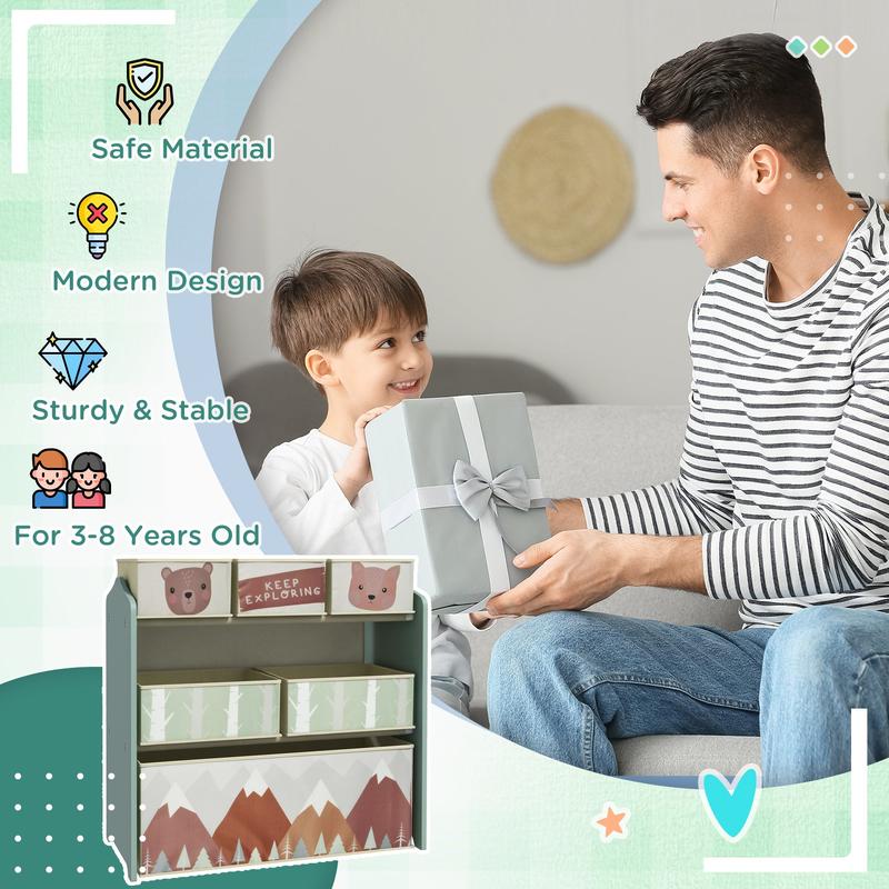 Kids Storage Units with 6 Fabric Bins, Childrens Toy Storage Organiser for Bedroom - Green Boxes Shelf Racks Steel 6