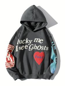 Women's Letter & Heart Print Drop Shoulder Hoodie, Fashion Casual Long Sleeve Hooded Sweatshirt for Daily Holiday Outdoor Wear, Ladies Clothes for Fall & Winter