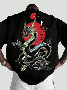 Men's Dragon & Japanese Print Round Neck Graphic Tee, Loose Casual Short Sleeve T-shirt for Summer, Men's Top for Daily Wear