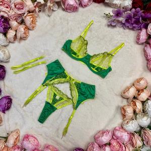 Liliosa Lingerie TINKERBELL Elegant 3 Piece Green Lingerie Set- (Clasp Bra+ Casp Garter +non Adjustable Pants) Comfortable Underwear Womenswear Overall Fit, Floral Embroidery Thong Straps, Detachable Belt, Elegance Bridal Everyday Bra and Bottom Emerald F